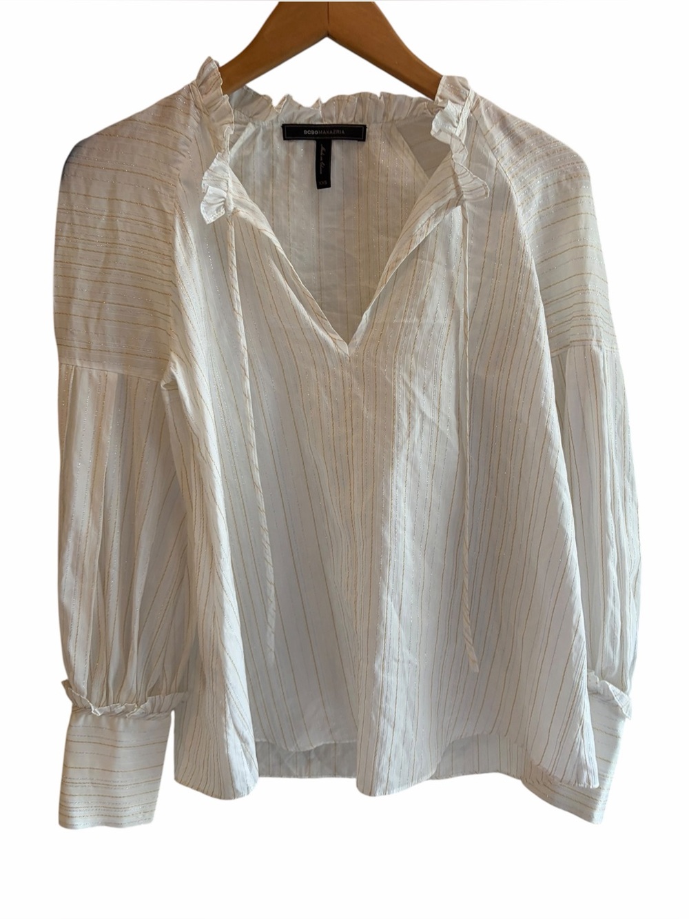 BCBGMAZAZRIA White Metallic Ruffle Neck Peasant Blouse Whimsigoth